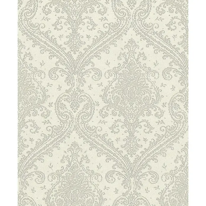 Rasch Saphira Vliestapete Barockornament - Weiß, Ornament, 10,05 x 0,53 m - Elegantes Tapetenmuster mit subtilen, ornamentalen Motiven in sanften Grautönen auf hellem Grund. Ideal für stilvolle Interieurs.