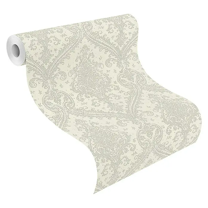 Rasch Saphira Vliestapete Barockornament - Weiß, Ornament, 10,05 x 0,53 m - Eine Rolle beiger Tapete mit einem eleganten Paisley-Muster, perfekt für stilvolle Wandgestaltungen im Wohnbereich.