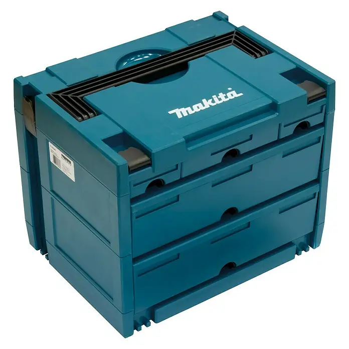 Makita Schubladenkoffer Makstor 4.5 - Anzahl Schubladen: 5 Stk., L x B x H: 395 x 295 x 320 mm, Makita Makpac Systemkoffer Gr. 4 - Blaue Werkzeugkiste mit drei Schubladen von Makita. Das robuste Design bietet eine praktische Aufbewahrungslösung für Werkzeuge und Zubehör.