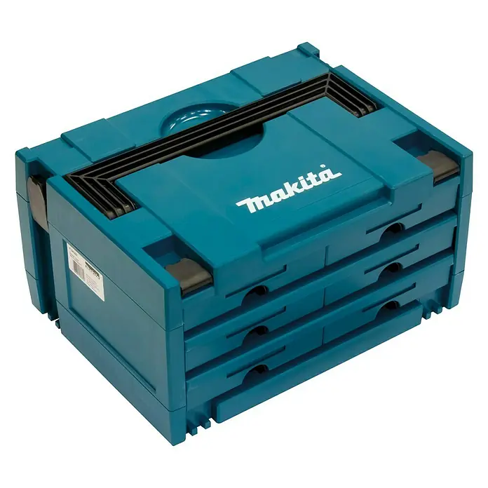 Makita Schubladenkoffer Makstor 3.6 - Anzahl Schubladen: 6 Stk., L x B x H: 395 x 295 x 215 mm, Makita Makpac Systemkoffer Gr. 3 - Eine blaue Makita Werkzeugkiste mit mehreren Schubladen und einem schwarzen Tragegriff. Ideal für die Aufbewahrung von Werkzeugen.