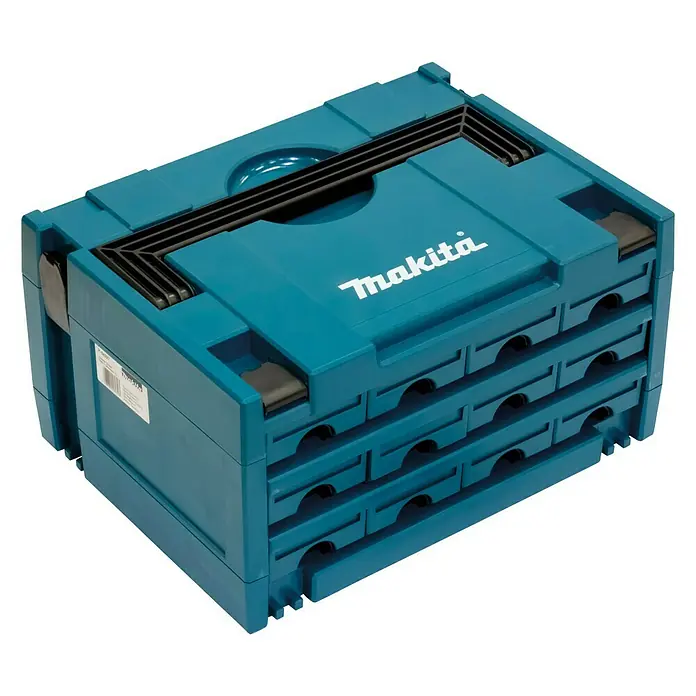 Makita Schubladenkoffer Makstor 3.12 - Anzahl Schubladen: 12 Stk., L x B x H: 395 x 295 x 215 mm, Makita Makpac Systemkoffer Gr. 3 - Das Bild zeigt eine blaue Makita Werkzeugkiste mit mehreren Schubladen, ideal für die Organisation von Werkzeugen und Zubehör.
