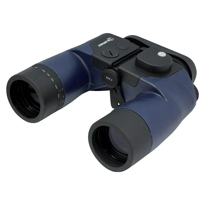 Talamex Prismáticos - x 7, Diámetro objetivo: 50 mm, Con brújula - Primer plano de unos prismáticos azules con accesorios negros. Ideales para aventuras al aire libre y observación de la naturaleza.