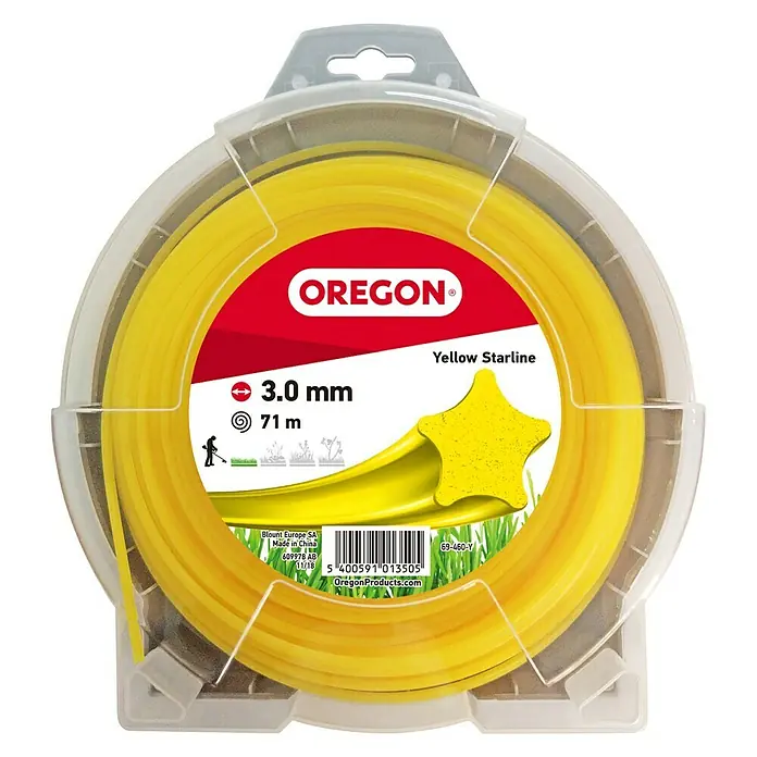 Oregon Hilo de corte Estrella - Longitud de hilo: 71 m, Grosor de hilo: 3 mm - Hilo de cortadora Oregon, 3,0 mm de diámetro y 71 m de longitud, en amarillo. Ideal para trabajos de corte de césped precisos.