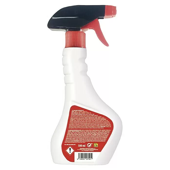 MPL Limpiador antimoho - 500 ml - Botella pulverizadora blanca con pulverizador de gatillo negro y rojo para productos de limpieza.