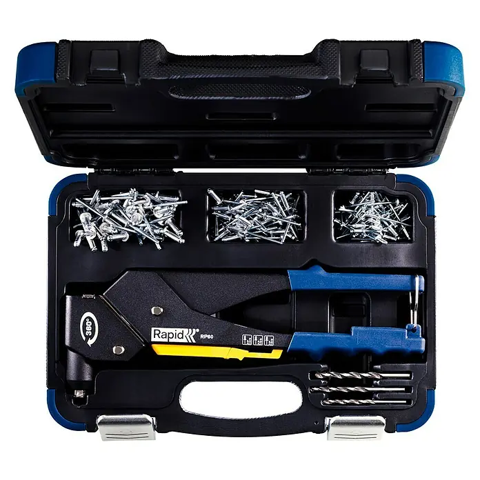 Rapid Set de remachadora RP60 + maleta - Diámetro de remache: 3,2 mm, Específico para: Remaches de aluminio/acero inoxidable (Ø 3,2/4/4,8 mm) - Remachadora Rapid RP60 en maletín con varios tamaños de remaches y brocas.
