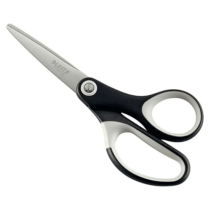 Leitz Schere Premium - Länge: 150 mm, Titaniumbeschichtet, Schwarz - Schwarze und silberne Leitz Titanium Schere mit ergonomischem Griff für komfortables Schneiden. Ideal für Büro und Schule.