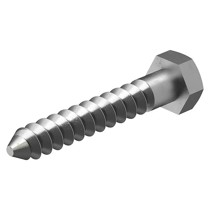 Dolle Sechskantschraube PS 902 - Ø x L: 10 x 60 mm, Stahl, Sechskant, 4 Stk. - Nahaufnahme einer Sechskantschraube mit scharfem Gewinde auf schwarzem Grund. Die Schraube ist aus Metall und glänzt.