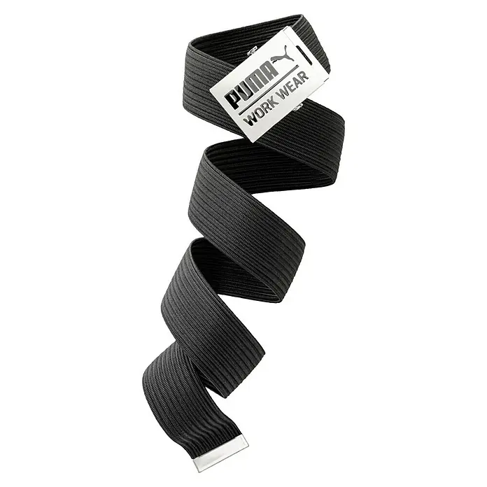 Puma Workwear Gürtel Champ - Hüftumfang: 130 cm, Schwarz - Schwarzer Puma Work Wear Gürtel mit silberner Schnalle, spiralförmig angeordnet, ideal für den professionellen Einsatz und robuste Arbeitsbedingungen.