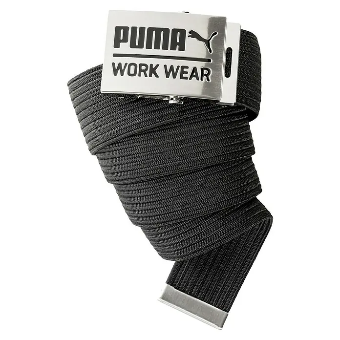 Puma Workwear Gürtel Champ - Hüftumfang: 130 cm, Schwarz - Abgebildeter Puma-Gürtel für Arbeitskleidung in Schwarz mit silberfarbener Schnalle, ideal für den professionellen Einsatz und modische Akzente.