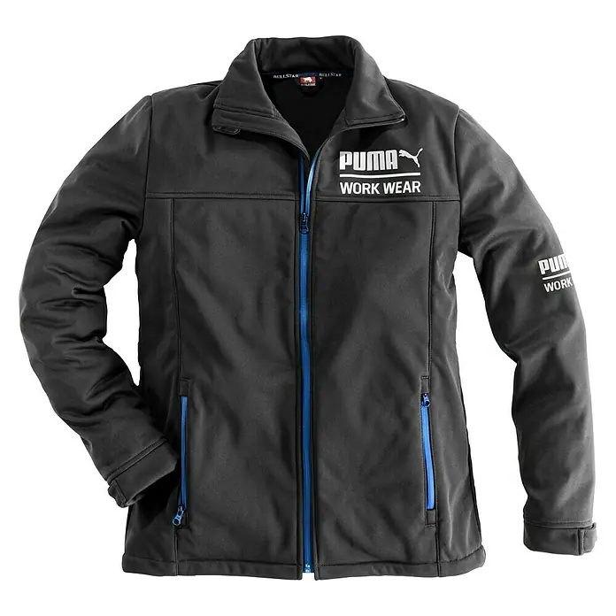 Puma Workwear Softshell-Jacke Champ - Carbon/Blau, S - Graue Puma-Arbeitsjacke mit blauem Reißverschluss, ideal für den Job. Das Logo ist gut sichtbar. Robuster Schutz bei der Arbeit.