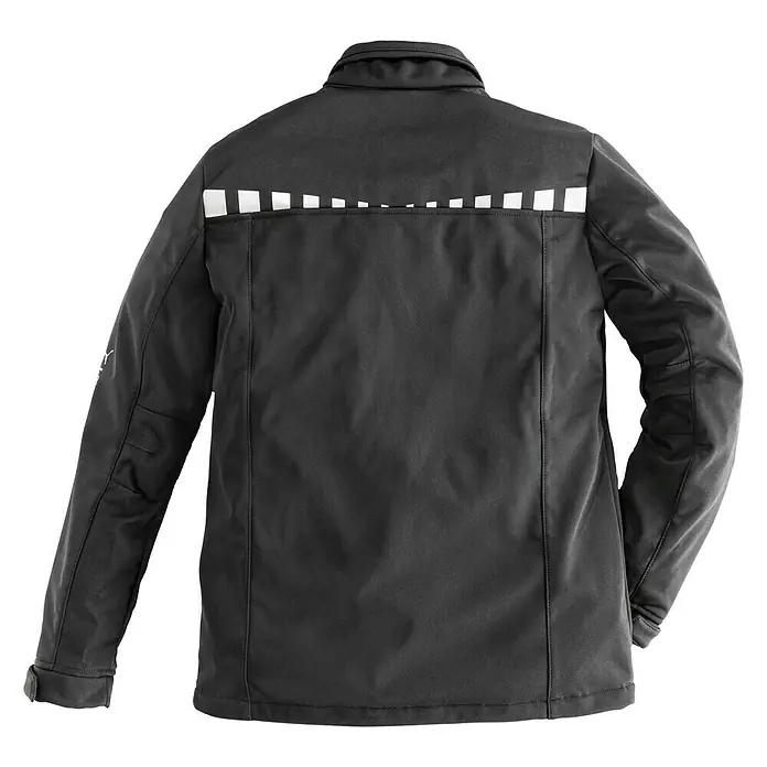 Puma Workwear Softshell-Jacke Champ - Carbon/Blau, S - Rückansicht einer schwarzen Jacke mit reflektierenden Streifen am oberen Rücken, ideal für Arbeiten im Freien und zur Erhöhung der Sicherheit.