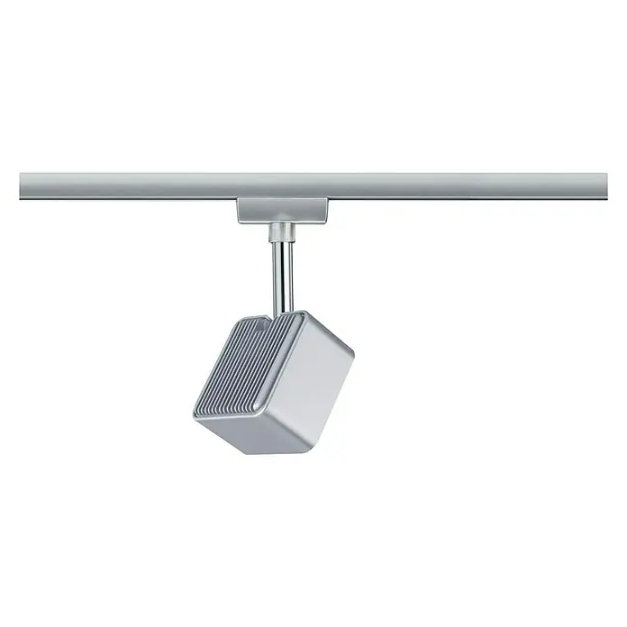 Paulmann URail Foco LED para riel Cubo - 8 W, Cromado mate, L x An x Al: 4,7 x 7,7 x 16,5 cm - Iluminación de oficina: Primer plano de un moderno foco LED plateado sobre un riel, perfecto para soluciones de iluminación flexibles.