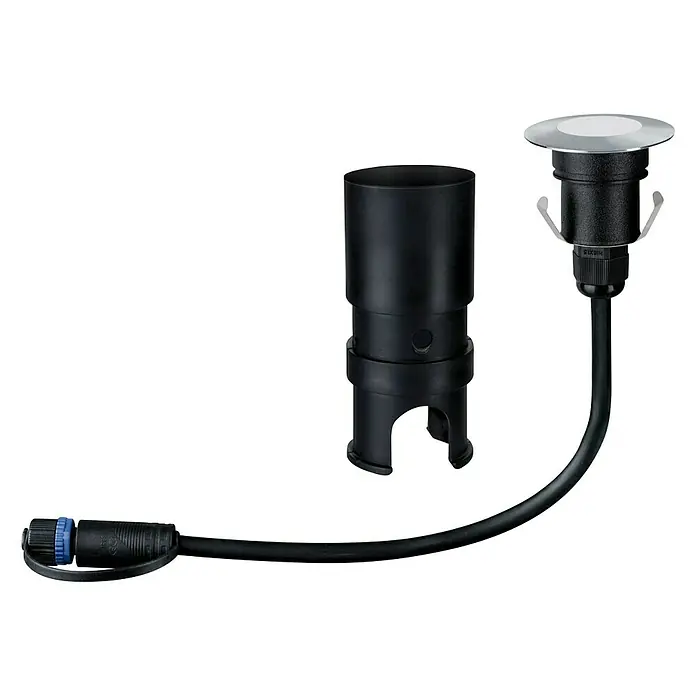 Paulmann Plug & Shine LED-Gartenspot Floor Mini - 2,5 W, 24 V, IP65 - Das Bild zeigt eine LED-Bodeneinbauleuchte mit Installationsgehäuse und Anschlusskabel. Die Leuchte hat ein modernes Design und ist aus robusten Materialien gefertigt.