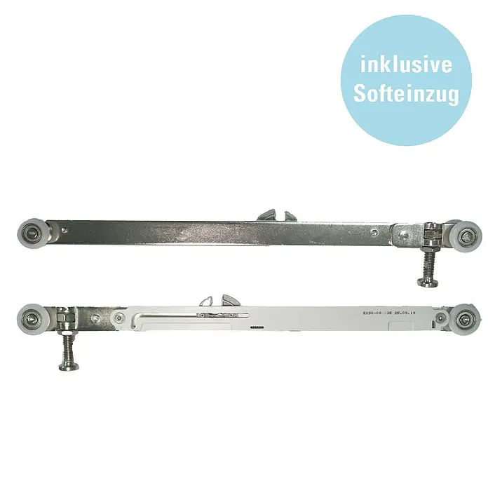 Diamond Doors Schiebetür-Komplettset Jubidoor 6.1 Premium - 935 x 2.058 mm, Silber, Einscheibensicherheitsglas (ESG) - Bild von zwei Schiebetürbeschlägen mit Soft-Close-Funktion, ideal für Möbel.
