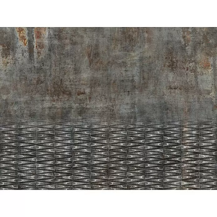 Rasch Factory 4 Fototapete Digitaldruck I - 400 x 300 cm, Betonschwarz - Fliese mit verwittertem, rostigem Metall an der Oberseite und dunkelgrauem, geometrisch gemustertem Boden.