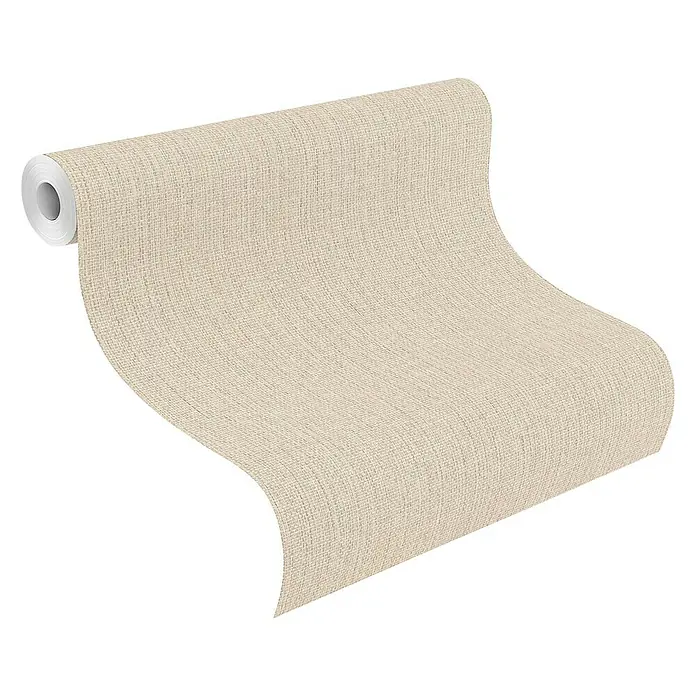 Rasch Kimono Vliestapete Muster - Beige, Uni, 10,05 x 0,53 m - Eine Rolle beiger Vliestapete mit feiner Gewebestruktur, perfekt für eine stilvolle Wandgestaltung und eine warme Atmosphäre im Raum.