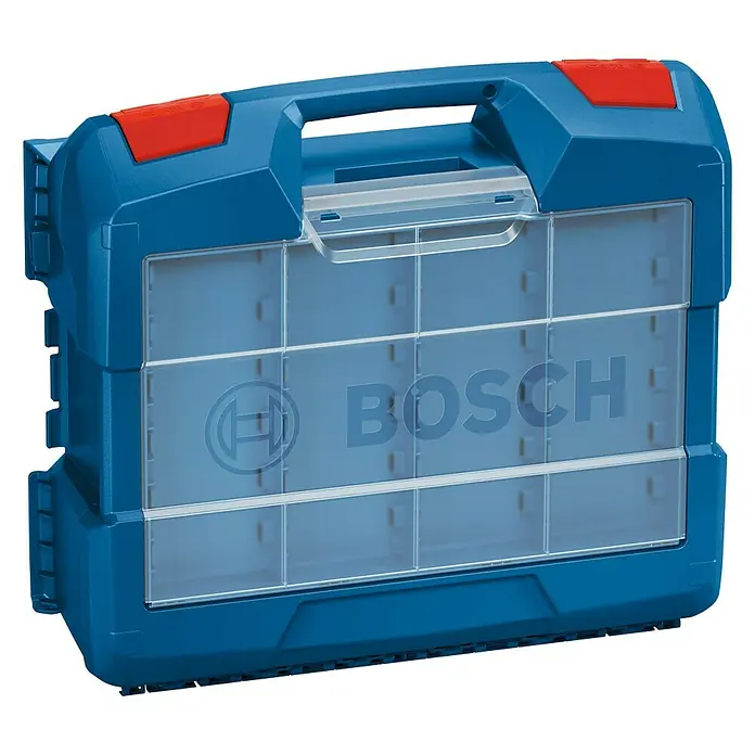 Bosch Professional AMPShare 18V Akku-Schlagbohrschrauber GSB 18V-28 - 18 V, 2 Akkus, 2 Ah - 4 Ah, 63 Nm, Inkl. Zubehörkoffer - Blaues Bosch Sortimentsbox mit transparentem Deckel und rotem Verschluss, ideal zur Aufbewahrung von Kleinteilen und Zubehör.