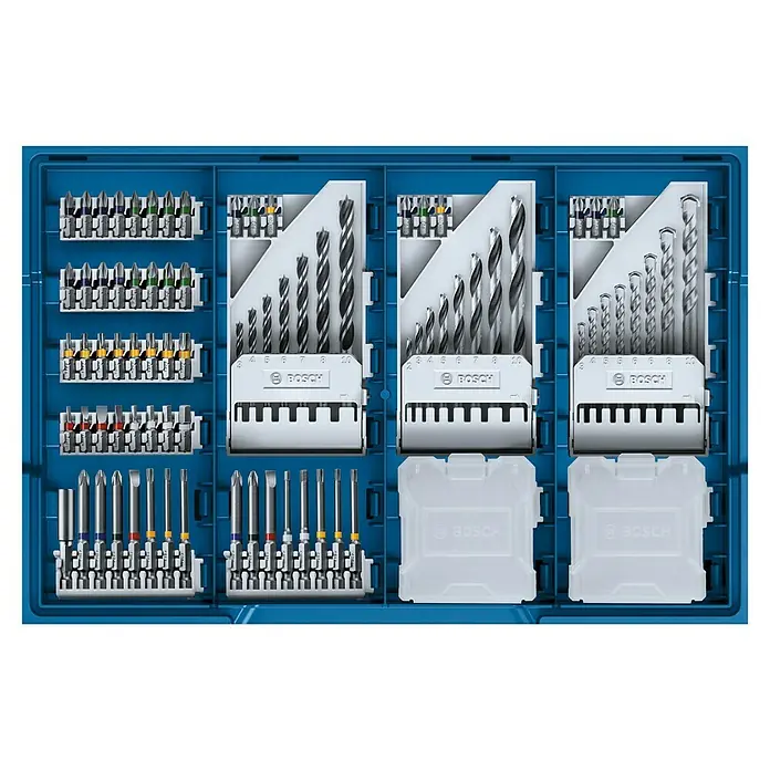 Bosch Professional AMPShare 18V Akku-Schlagbohrschrauber GSB 18V-28 - 18 V, 2 Akkus, 2 Ah - 4 Ah, 63 Nm, Inkl. Zubehörkoffer - Bosch-Bohrer- und Bit-Set in blauem Koffer. Das Set enthält verschiedene Bohrer und Bits für unterschiedliche Anwendungen.