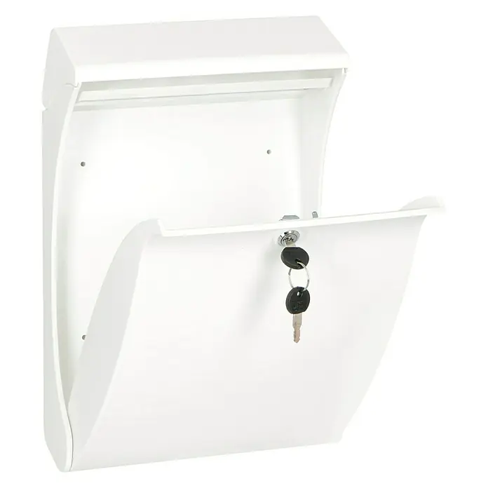Burg-Wächter Buzón de pared Swing 4905 - L x An x Al: 27,1 x 12,9 x 41,9 cm, Blanco, Plástico - Imagen de un buzón blanco de pared con llaves en la cerradura.