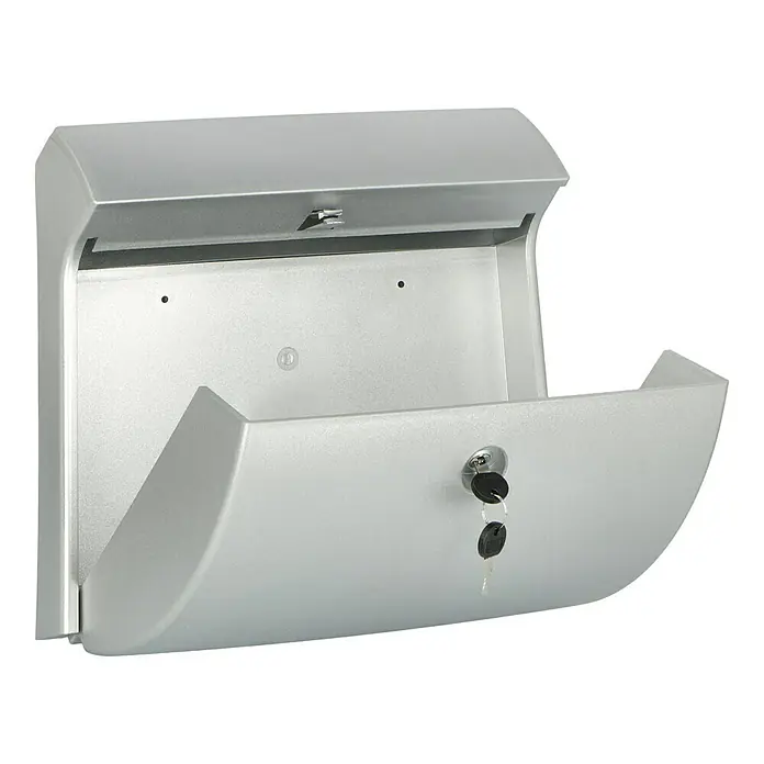 Burg-Wächter Buzón de pared Classico - L x An x Al: 38,4 x 14,5 x 37,5 cm, Plateado, Plástico, Parada de apertura - En la imagen se ve un buzón plateado para guardar el correo de forma segura. El buzón es bloqueable y tiene una construcción robusta.