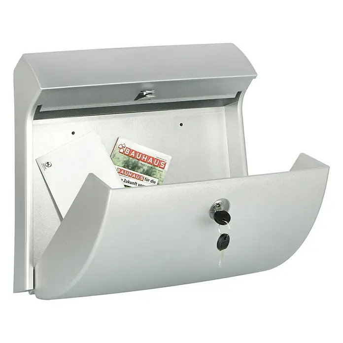 Burg-Wächter Buzón de pared Classico - L x An x Al: 38,4 x 14,5 x 37,5 cm, Plateado, Plástico, Parada de apertura - El buzón está hecho de metal y tiene una cerradura con dos llaves. Hay publicidad de Bauhaus en el buzón.