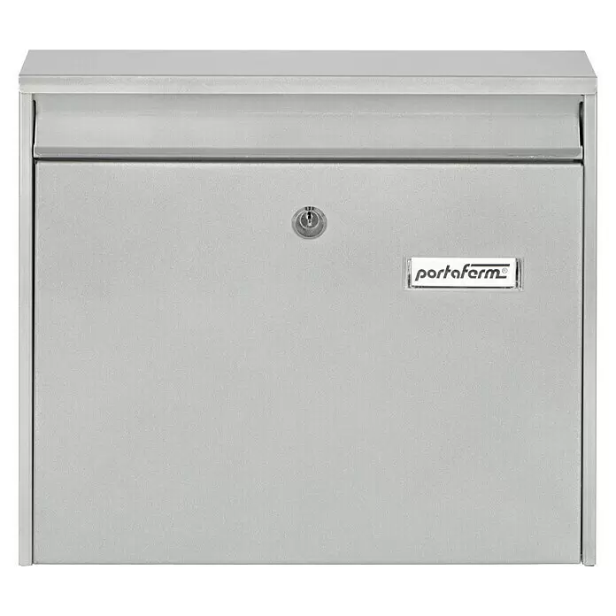 Portaferm Wandbriefkasten PF 44 - L x B x H: 10 x 36,2 x 32,2 cm, Silber, Stahl - Silbergrauer Briefkasten aus Metall mit Einwurfklappe oben und abschließbarer Fronttür mit portaferm-Logo.