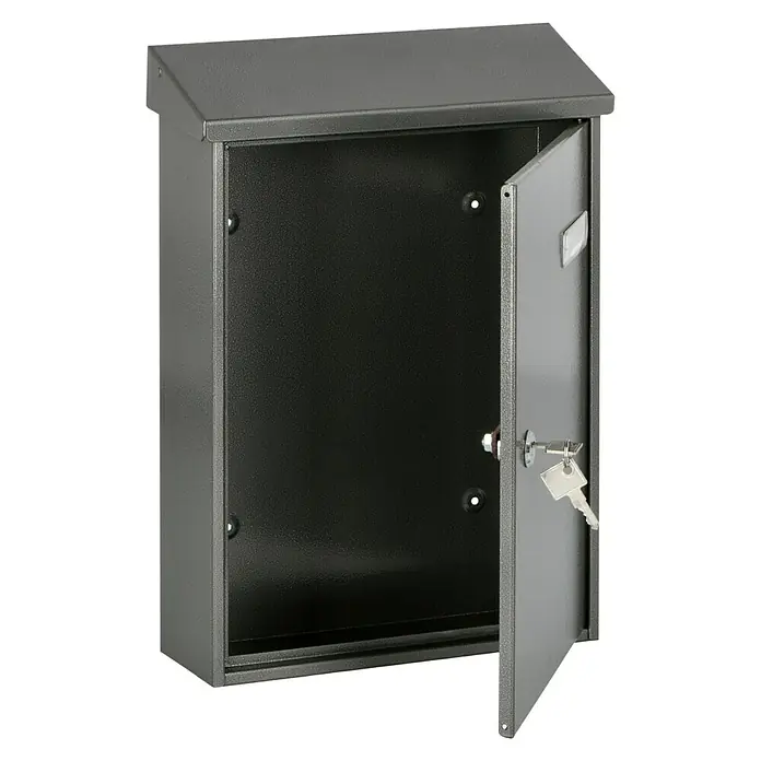 Portaferm Wandbriefkasten PF 33 - L x B x H: 9,2 x 27 x 37 cm, Schwarz, Stahl - Offener grauer Briefkasten mit Schlüssel. Ideal zur sicheren Aufbewahrung von Post und kleinen Paketen. Robust und wetterfest.
