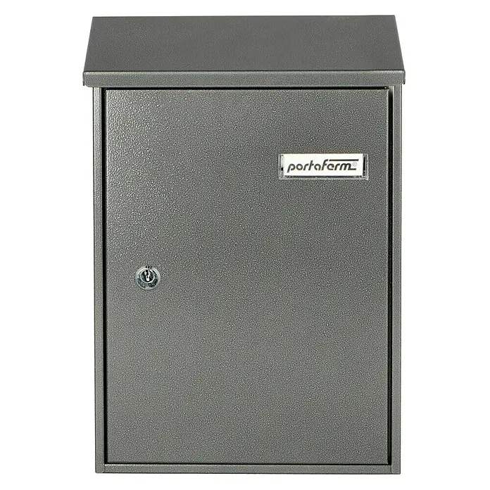 Portaferm Wandbriefkasten PF 33 - L x B x H: 9,2 x 27 x 37 cm, Schwarz, Stahl - Eine moderne, graue Briefkasten mit einem sicheren Schloss und dem Portaferm-Logo, ideal für den Außenbereich.
