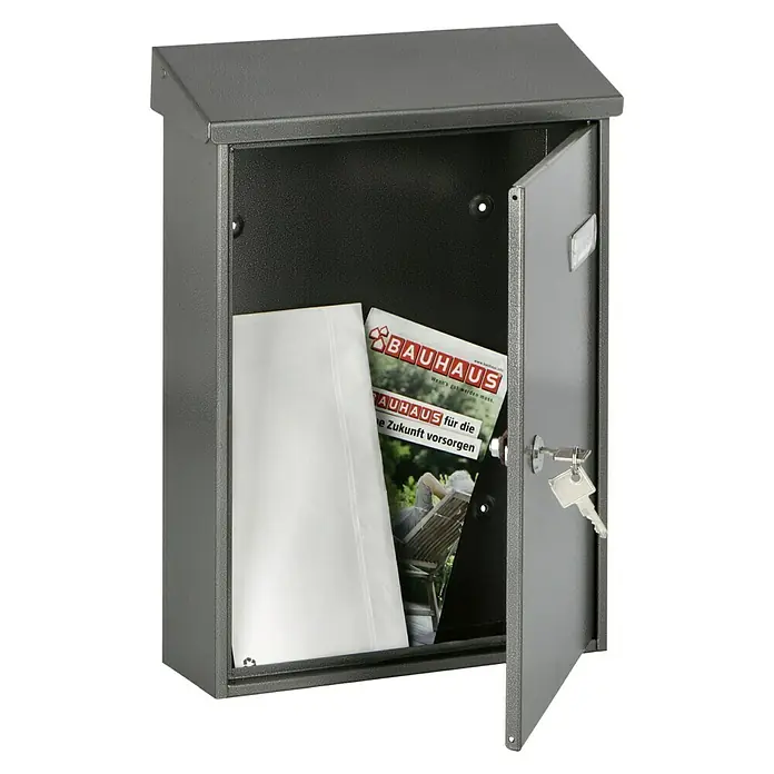 Portaferm Wandbriefkasten PF 33 - L x B x H: 9,2 x 27 x 37 cm, Schwarz, Stahl - Ein grauer Briefkasten mit geöffneter Tür und Zeitung darin.