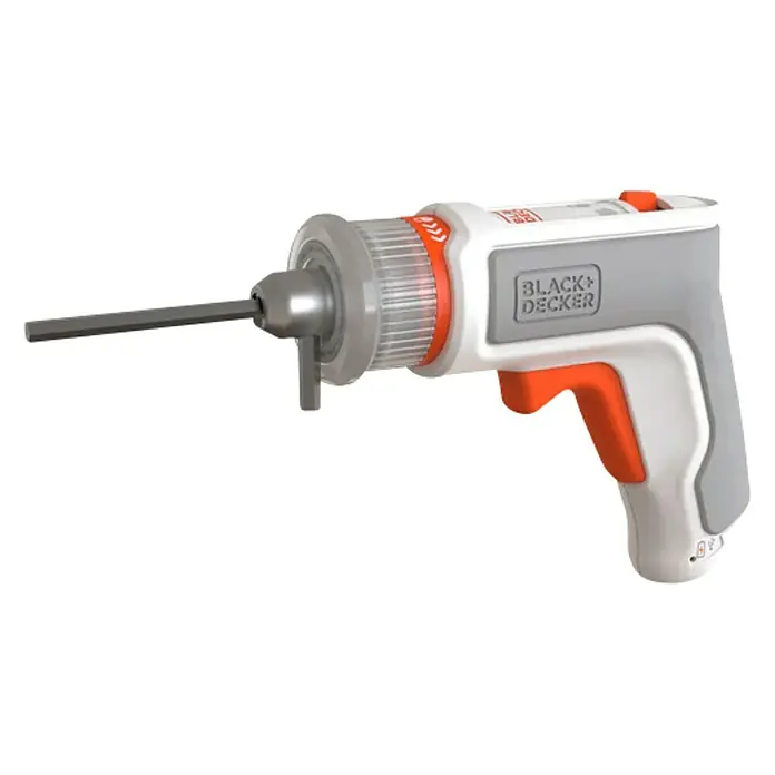 Black+Decker Atornillador de batería HEXDRIVER - 3,6 V, 1 batería, 1,5 Ah, 5,5 Nm - Una imagen detallada de un taladro Black+Decker gris, blanco y naranja, ideal para proyectos de bricolaje.