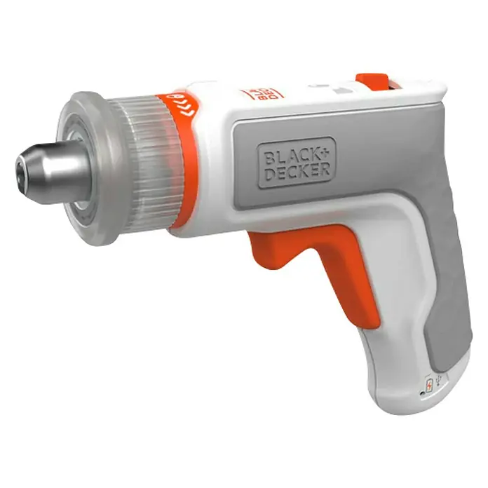 Black+Decker Atornillador de batería HEXDRIVER - 3,6 V, 1 batería, 1,5 Ah, 5,5 Nm - La imagen muestra un destornillador inalámbrico Black+Decker en gris, blanco y naranja. Una herramienta práctica para proyectos de bricolaje y reparaciones.
