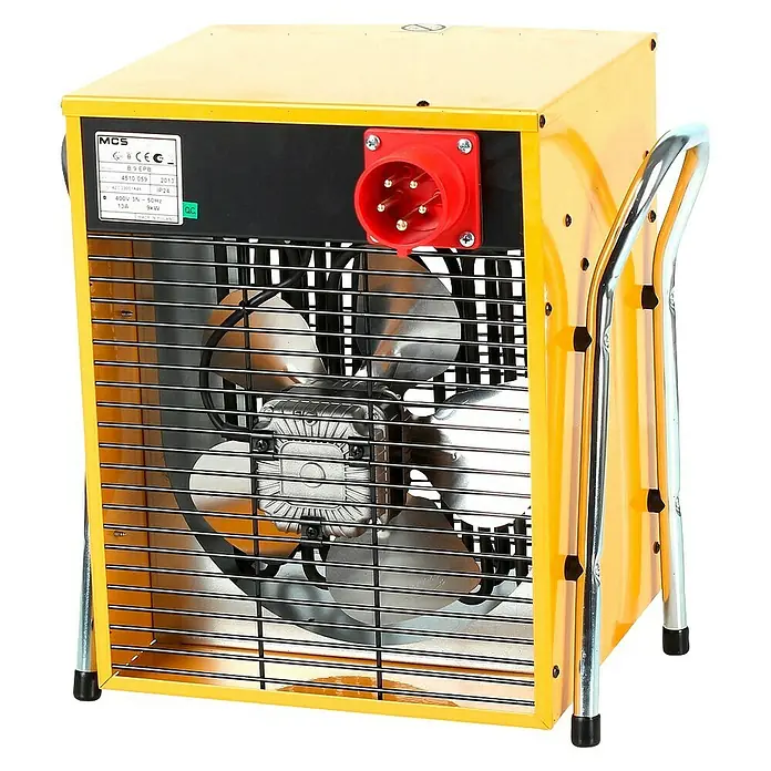 Calefactor industrial Master B9 EPB - 4,5 kW - 9 kW - Imagen de un calentador eléctrico amarillo con un enchufe rojo y una rejilla metálica protectora.