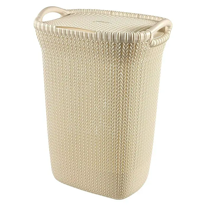 Curver Knit Cesta para la ropa - 57 l, Blanco, Plástico - Cesto de ropa beige con tapa y diseño trenzado, ideal para cualquier baño o lavadero para guardar la ropa.