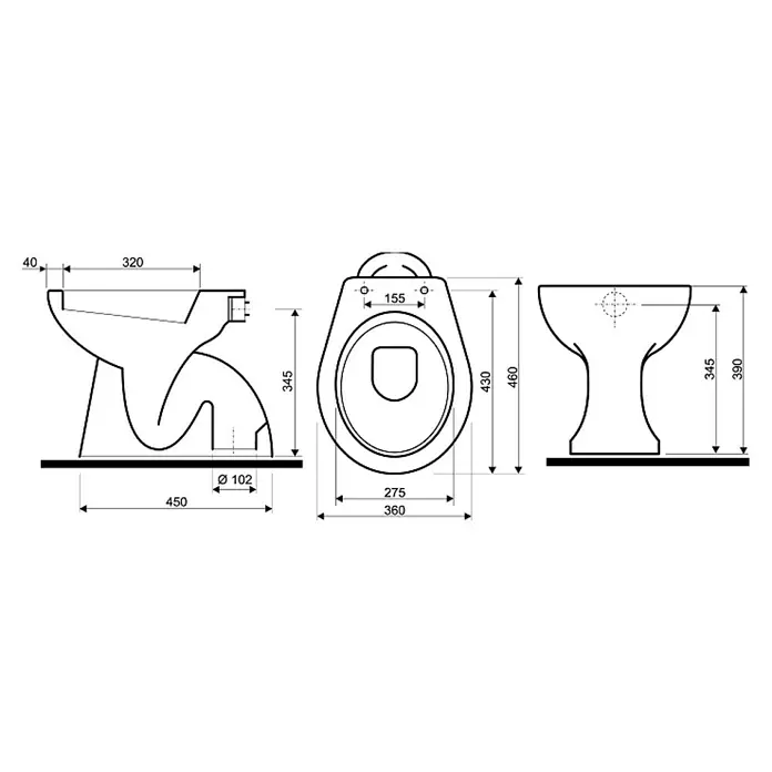 Camargue Sydney Stand-WC - Mit Spülrand, Ohne Spezialglasur, Spülform: Tief, WC Abgang: Senkrecht, Weiß - Technische Zeichnung eines wandhängenden WCs mit detaillierten Maßangaben für Installation und Design.