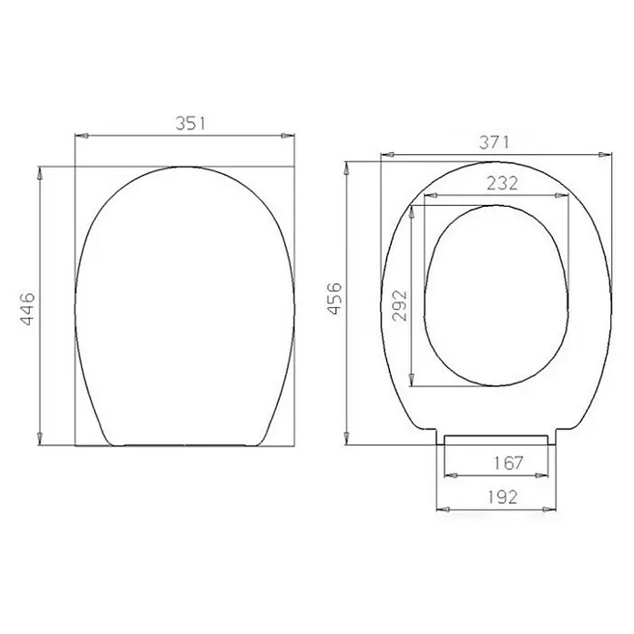 Camargue Sydney WC-Sitz - Duroplast, Weiß, Mit Absenkautomatik, Form WC-Sitz: O-Form - Technische Zeichnung eines WC-Sitzes mit Bemaßungen zur detaillierten Produktansicht.\n