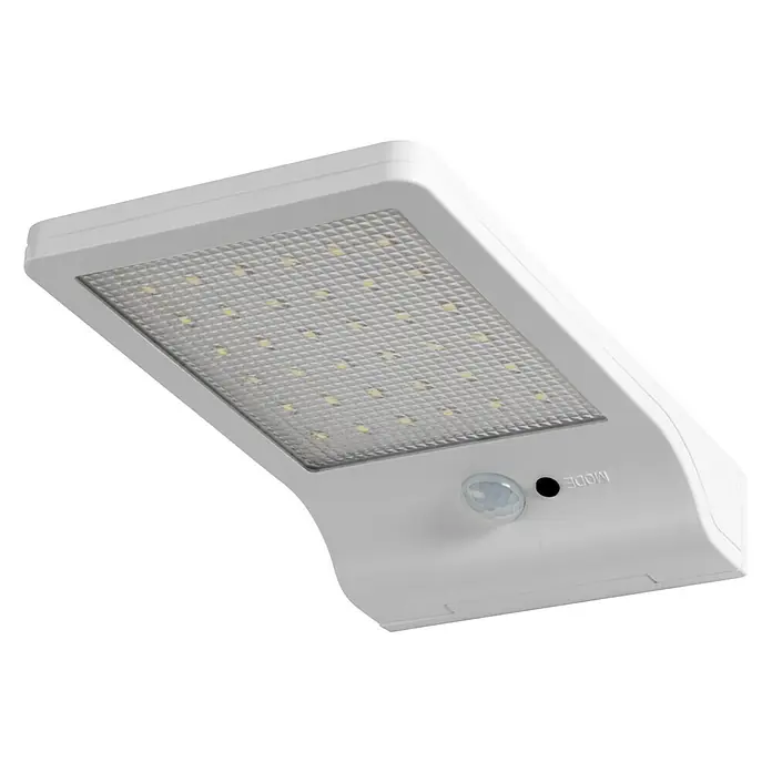 Osram Aplique solar para exterior DoorLED - 3 W, L x An x Al: 19,2 x 11 x 3 cm, Blanco, IP44, 320 lm - Primer plano de una luz solar blanca con sensor de movimiento y panel LED, perfecta para exteriores.