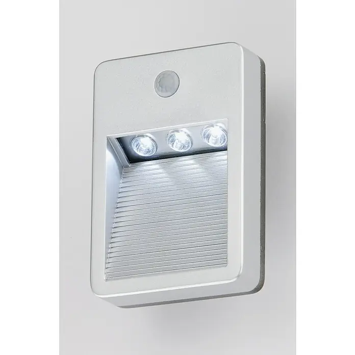 Briloner Aplique para exterior LED LERO outdoor - 0,06 W, 31 x 85 x 126 mm, IP54 - Lámpara de pared LED plateada con sensor de movimiento y tres puntos de luz para iluminar escaleras y pasillos.