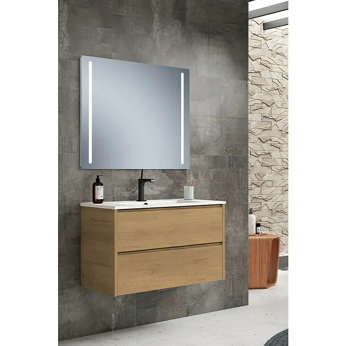 Conjunto de mueble de baño - Nogal, Ancho: 80 mm, 2 pzs. - Baño moderno con mueble de madera, espejo iluminado y accesorios.