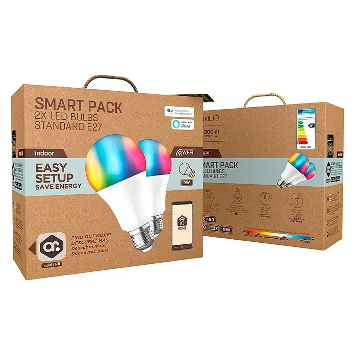 Muvit iO Bombilla LED inteligente Pack 2 - E27, Capacidad de atenuación: Intensidad regulable, Blanco cálido, 800 lm, 9 W - Pack inteligente de 2 bombillas LED estándar E27, controlables con Google Assistant y Alexa para iluminación inteligente.