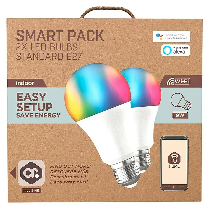 Muvit iO Bombilla LED inteligente Pack 2 - E27, Capacidad de atenuación: Intensidad regulable, Blanco cálido, 800 lm, 9 W - El embalaje de un paquete de 2 bombillas LED inteligentes con base E27 que funcionan con Google Assistant y Alexa.