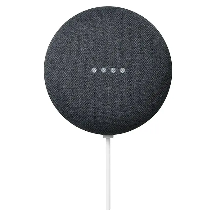 Google Nest Altavoz inteligente Home Mini - Funcionamiento en red, Blanco / Carbón - Un altavoz inteligente Google Nest Mini gris con cuatro luces LED y un cable blanco, presentado sobre un fondo negro.