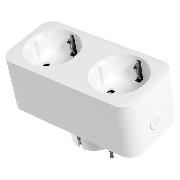 Muvit iO Enchufe inteligente WiFi con monitor de energía - Para interior, IP20, Blanco, 16 A, 1 ud. - Primer plano de un enchufe doble blanco con dos tomas de corriente y un interruptor de encendido/apagado sobre un fondo negro.