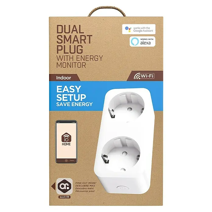 Muvit iO Enchufe inteligente WiFi con monitor de energía - Para interior, IP20, Blanco, 16 A, 1 ud. - Embalaje de un enchufe inteligente doble con monitor de energía, compatible con Google Assistant y Alexa, y con conectividad Wi-Fi.