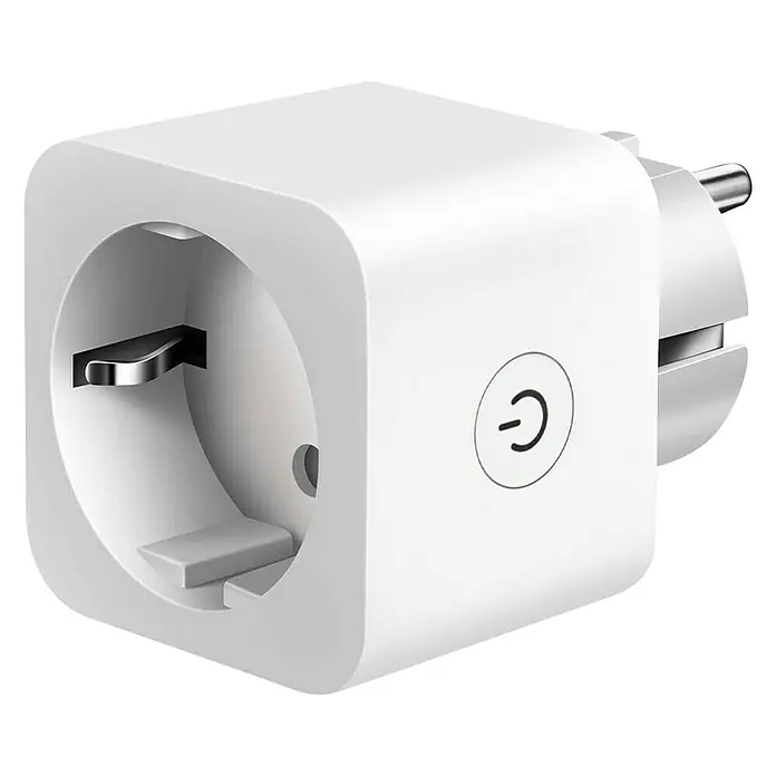 Muvit iO Enchufe inteligente con monitor de energía - Blanco, Plástico, Tipo de montaje: Instalar - La imagen muestra un enchufe inteligente blanco con una toma de corriente redonda orientada hacia el interior y un símbolo de encendido/apagado.
