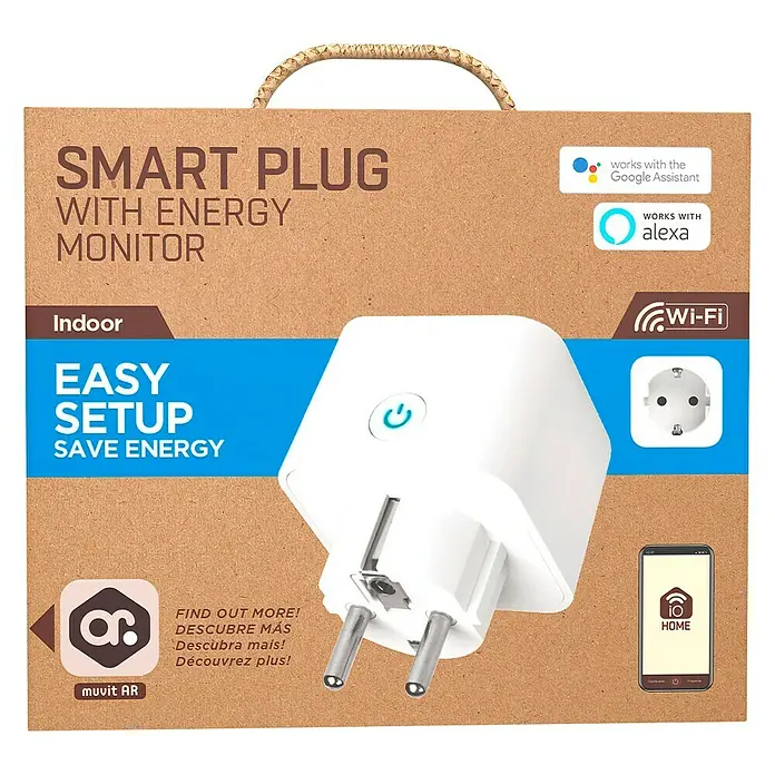 Muvit iO Enchufe inteligente con monitor de energía - Blanco, Plástico, Tipo de montaje: Instalar - Embalaje de un enchufe inteligente con monitor de energía, compatible con Google Assistant y Alexa, que promete una fácil configuración.
