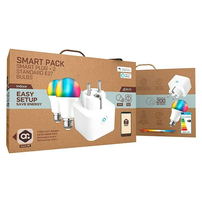 Bombilla LED inteligente pack + enchufe - E27, Color de luz: Blanco frío, Redonda - Embalaje de un kit para el hogar inteligente que incluye un enchufe y dos bombillas E27, diseñado para una fácil configuración.
