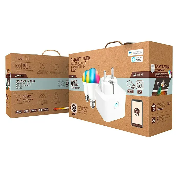 Bombilla LED inteligente pack + enchufe - E27, Color de luz: Blanco frío, Redonda - Muvit io Smart Pack con enchufe inteligente y dos bombillas E27. Fácil instalación y ahorro de energía.