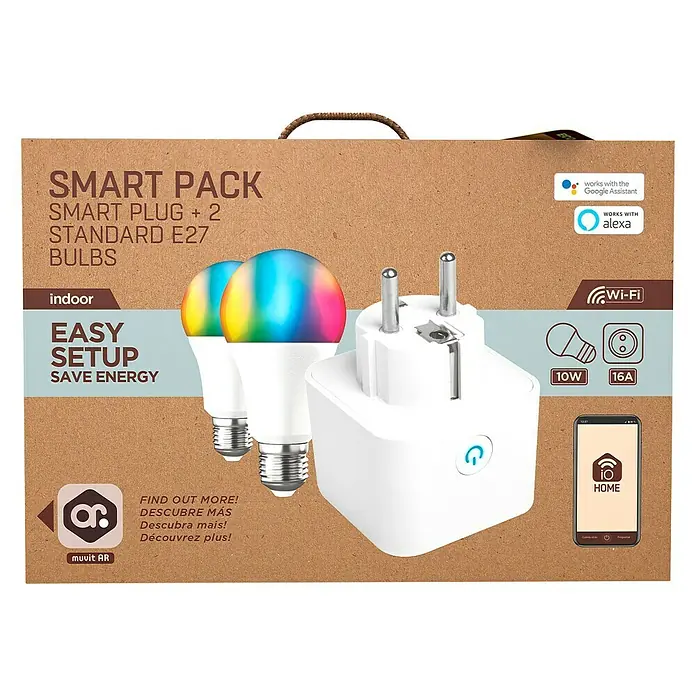 Bombilla LED inteligente pack + enchufe - E27, Color de luz: Blanco frío, Redonda - Un Smart Pack que contiene un enchufe inteligente y dos bombillas estándar E27, compatibles con Google Assistant y Alexa.