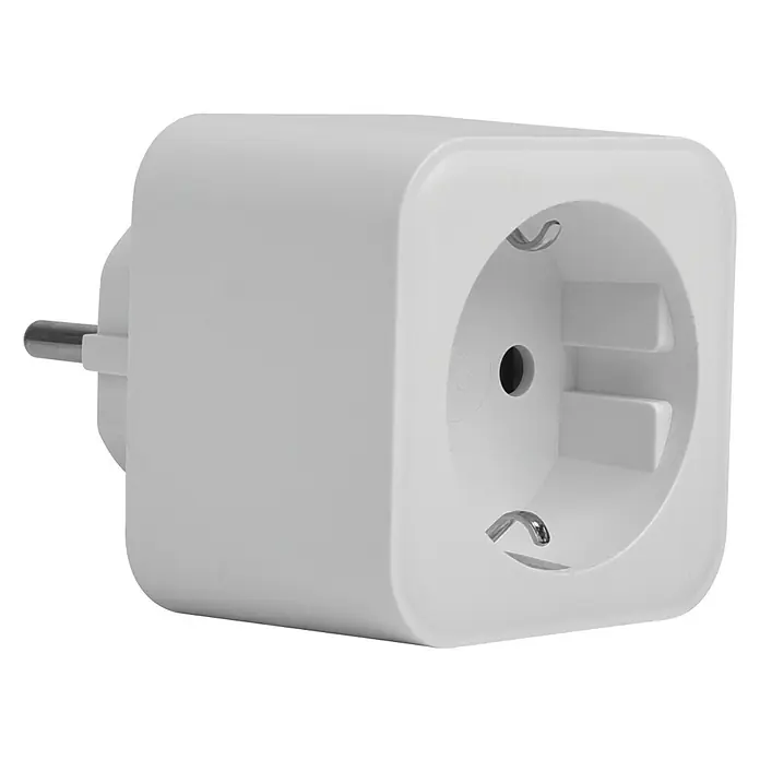 Bombilla LED inteligente pack + enchufe - E27, Color de luz: Blanco frío, Redonda - En la imagen se muestra un enchufe adaptador blanco con una conexión de enchufe estándar europea.