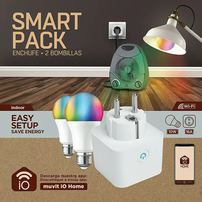Bombilla LED inteligente pack + enchufe - E27, Color de luz: Blanco frío, Redonda - Imagen del producto de un kit de inicio de Smart Home con bombillas de colores y un enchufe inteligente.